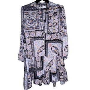 Emma & Michele Tiered Mini Dress Womens XL Multicolor Paisley Boho Stained Glass